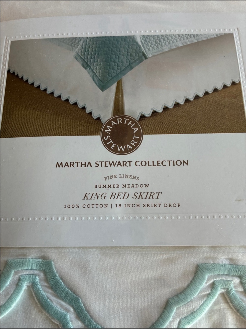 Martha Stewart White Bed Skirt with Light Aqua Embroidered Trim